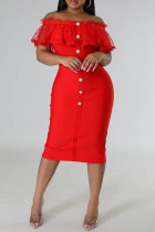 Robes de jupe en une étape rouges décontractées en patchwork solide sur l'épaule