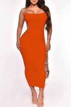 Оранжевое сексуальное повседневное однотонное бинтовое платье с открытой спиной и лямкой на шее