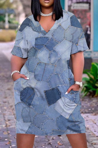 Blauwgrijze casual print patchwork jurk met V-hals en korte mouwen