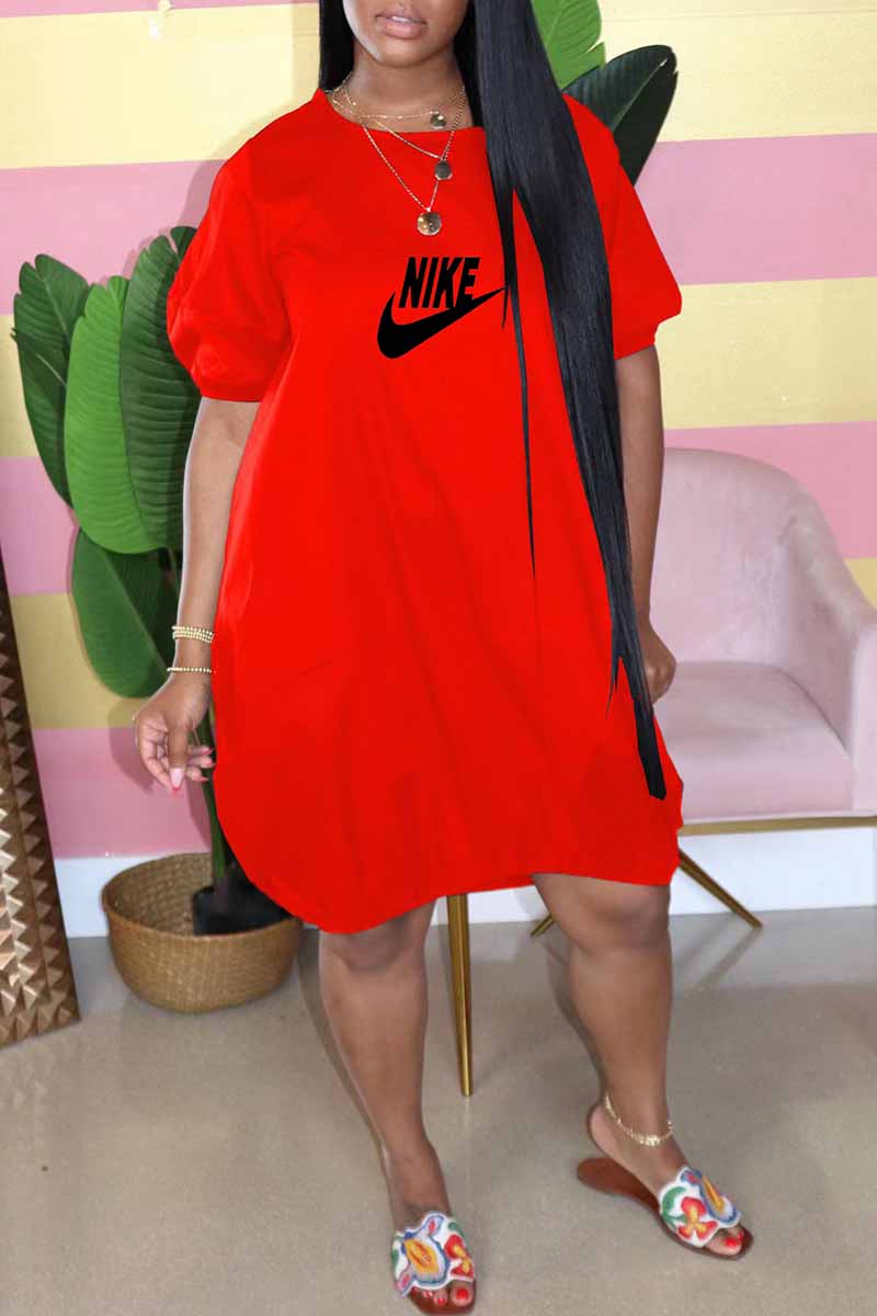 

Red Casual Print Letter O Neck Lantern Skirt Dresses