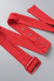 Monos hebilla de patchwork sólido elegante con cinturón cuello vuelto recto rojo