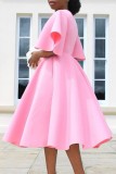 Roze casual effen patchwork jurk met V-hals en korte mouwen