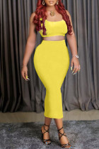 Yellow Sexy Casual Solid Basic U Neck Sleeveless Two Pieces Tank Crop Tops And Skirt Sets