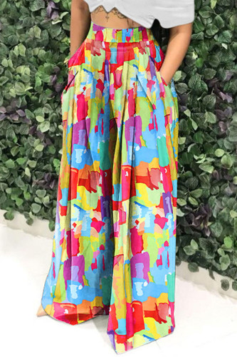 Yellow Casual Print Patchwork High Waist Wide Leg Full Print Bottoms