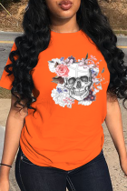 Oranje Casual Street Skull Patchwork T-shirts met O-hals