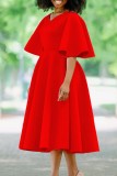 Красное повседневное однотонное платье в стиле пэчворк с V-образным вырезом и коротким рукавом Платья
