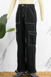 Schwarze, lässige Street-Patchwork-Taschen-Jeans mit hoher Taille