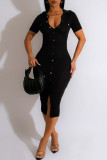 Vestidos de falda de lápiz con hebilla de patchwork sólido sexy negro