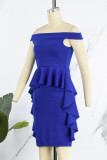 Vestidos de falda de un paso con hombros descubiertos de orillo fibroso de patchwork sólido elegante azul