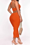 Оранжевое сексуальное повседневное однотонное бинтовое платье с открытой спиной и лямкой на шее