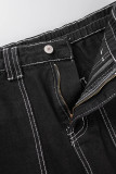 Jeans jeans preto casual street patchwork sólido bolso cintura alta