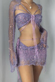 Blue Sexy Solid Bandage Sequins Patchwork See-through Asymmetrical Collar Long Sleeve Three Pieces