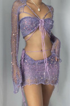 Фиолетовый сексуальный сплошной бандаж с блестками пэчворк прозрачный асимметричный воротник с длинным рукавом из трех частей