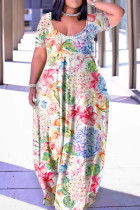 Multicolor Casual Print Basic V-hals kortärmad klänning
