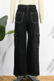 Schwarze, lässige Street-Patchwork-Taschen-Jeans mit hoher Taille