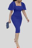 ブルー カジュアル ワーク ソリッド パッチワーク フォールド スクエア カラー ワンステップ スカート ドレス