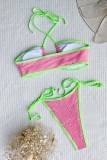 Розовый Сексуальный однотонный купальник в стиле пэчворк с открытой спиной (с прокладками)