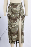 Kaki Casual Camouflage Stampa Patchwork Fessura Vita alta regolare Pantaloni convenzionali a stampa intera