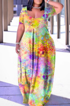 Gul Casual Print Patchwork V-ringad kortärmad klänning