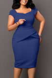 ブルー カジュアル ワーク ソリッド パッチワーク スクエア カラー ワンステップ スカート ドレス