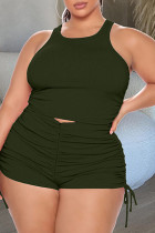 Green Casual Solid Fold O Neck Plus Size Due pezzi