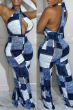 Blauwe sexy casual print bandage uitgeholde backless halter magere jumpsuits