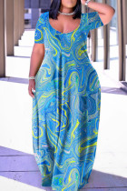 Blaues, lässiges Patchwork-Kleid mit V-Ausschnitt und kurzen Ärmeln