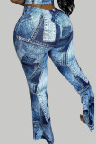 Blaue Patchwork-Hosen mit hoher Taille und geradem, voll bedrucktem Muster