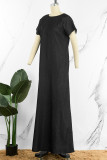 Черное повседневное однотонное базовое джинсовое платье с круглым вырезом и короткими рукавами