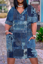 Donkerblauwe casual print patchwork zak V-hals jurk met korte mouwen