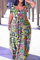 Multicolor Casual Print Basic V-Ausschnitt Kurzarm Kleid Kleider