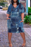 Mörkblå Casual Print Patchwork Pocket V-ringad kortärmad klänning