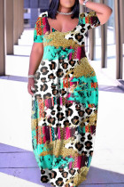 Flerfärgad Casual Print Patchwork V-ringad kortärmad klänning