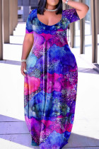 Пурпурно-синее повседневное платье с принтом и V-образным вырезом с коротким рукавом Платья