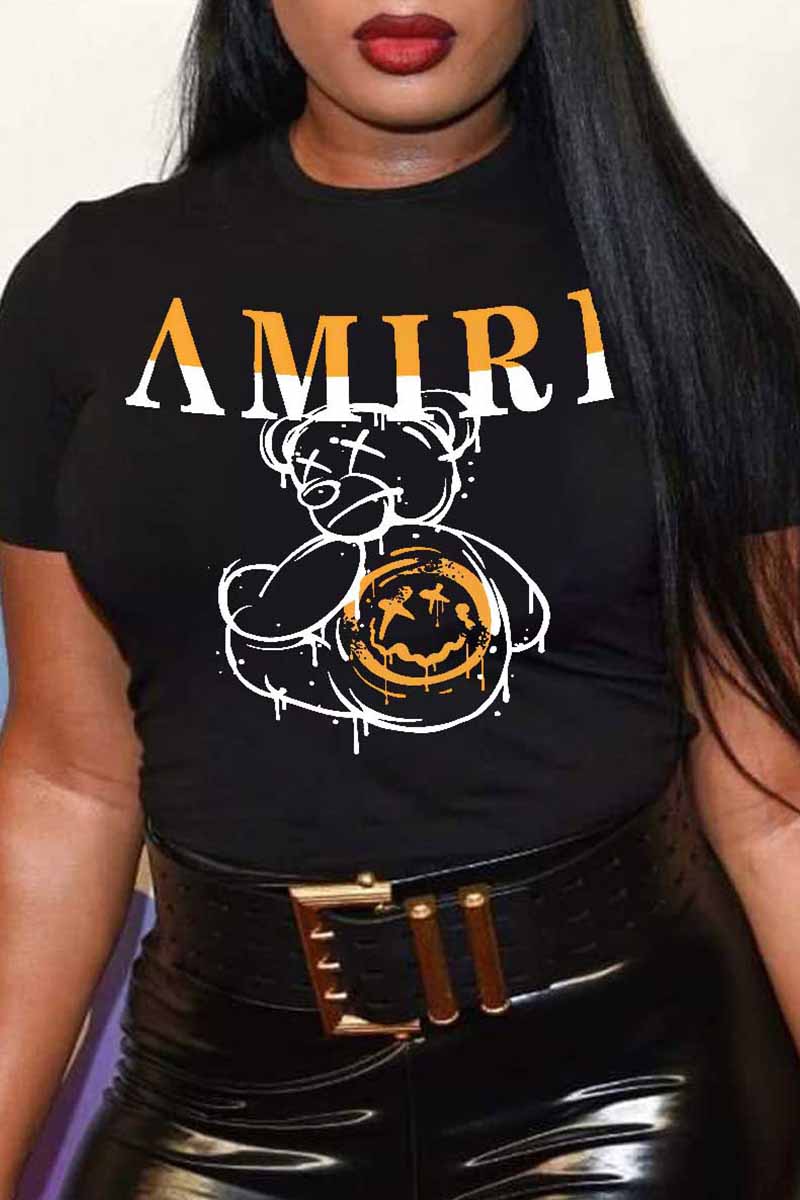 Black Casual Print Letter O Neck T-Shirts