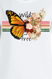 White Street Print Butterfly Print Patchwork O Neck Tops