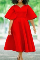 Rode casual effen patchwork jurk met V-hals en korte mouwen