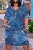 Blå Casual Print Patchwork Pocket V-ringad kortärmad klänning