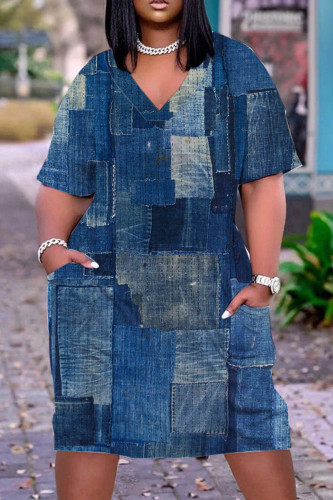 Marineblauwe casual print patchwork zak V-hals jurk met korte mouwen