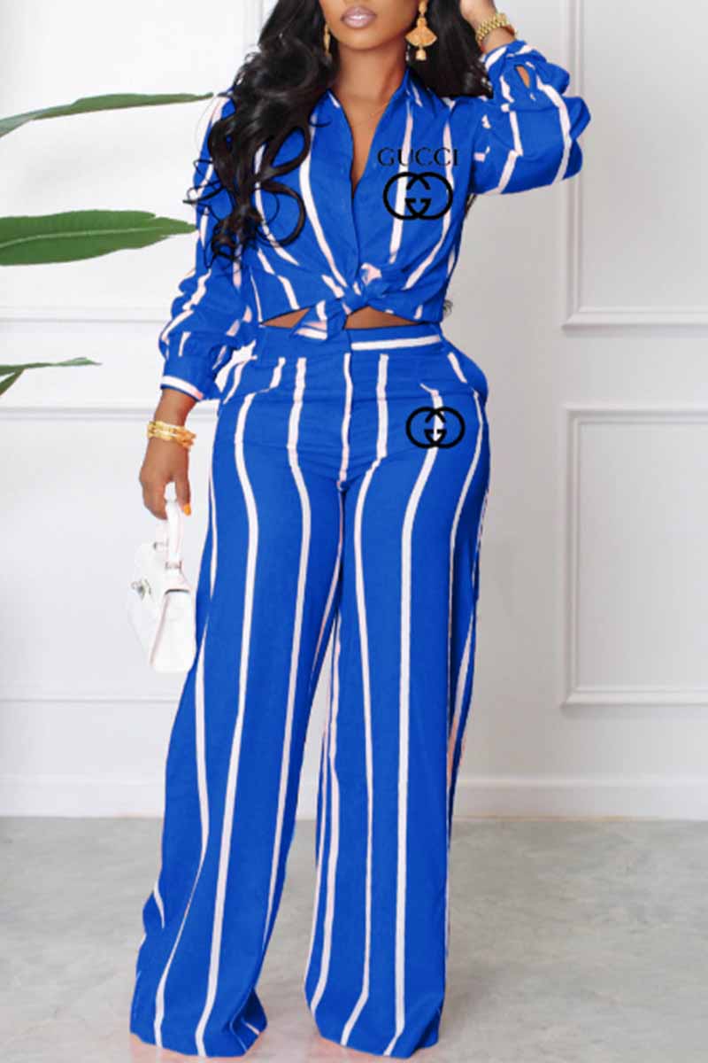 

Blue Casual Striped Print Letter Turndown Collar Long Sleeve Two Pieces