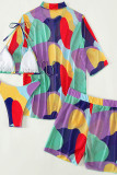 Цветной повседневный отпуск с принтом в стиле пэчворк отложной воротник с коротким рукавом из четырех предметов