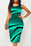 Green Casual Striped Print Patchwork O Neck Pencil Skirt Dresses