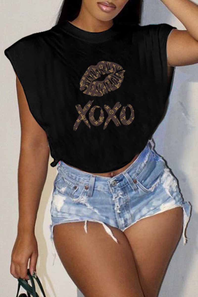 

Black Casual Print Letter O Neck T-Shirts