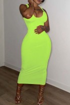 Fluorescent Green Sexy Solid Basic U Neck Vest Dress Dresses