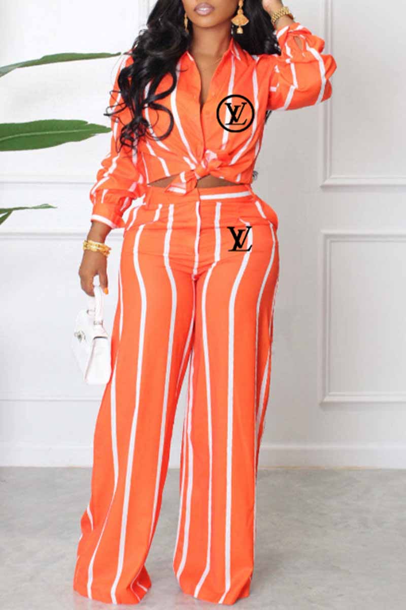 

Orange Casual Striped Print Letter Turndown Collar Long Sleeve Two Pieces