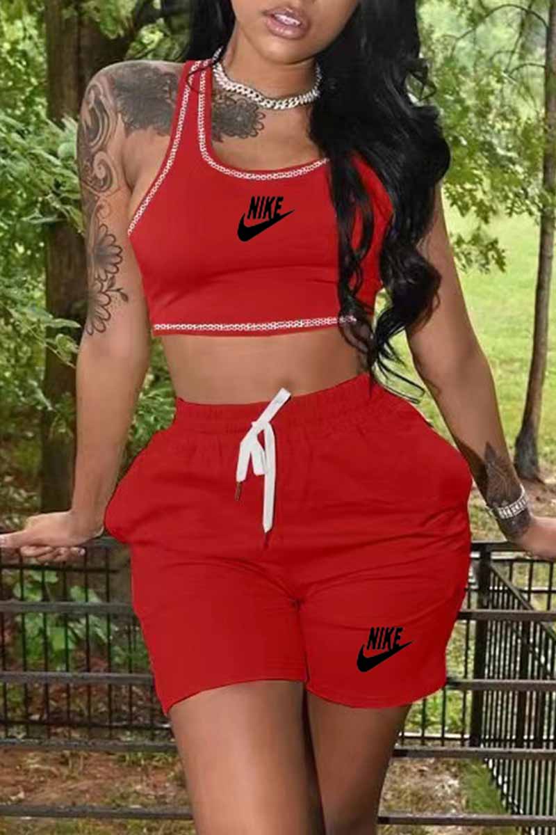 Red Casual Print Letter U Neck Sleeveless Two Pieces