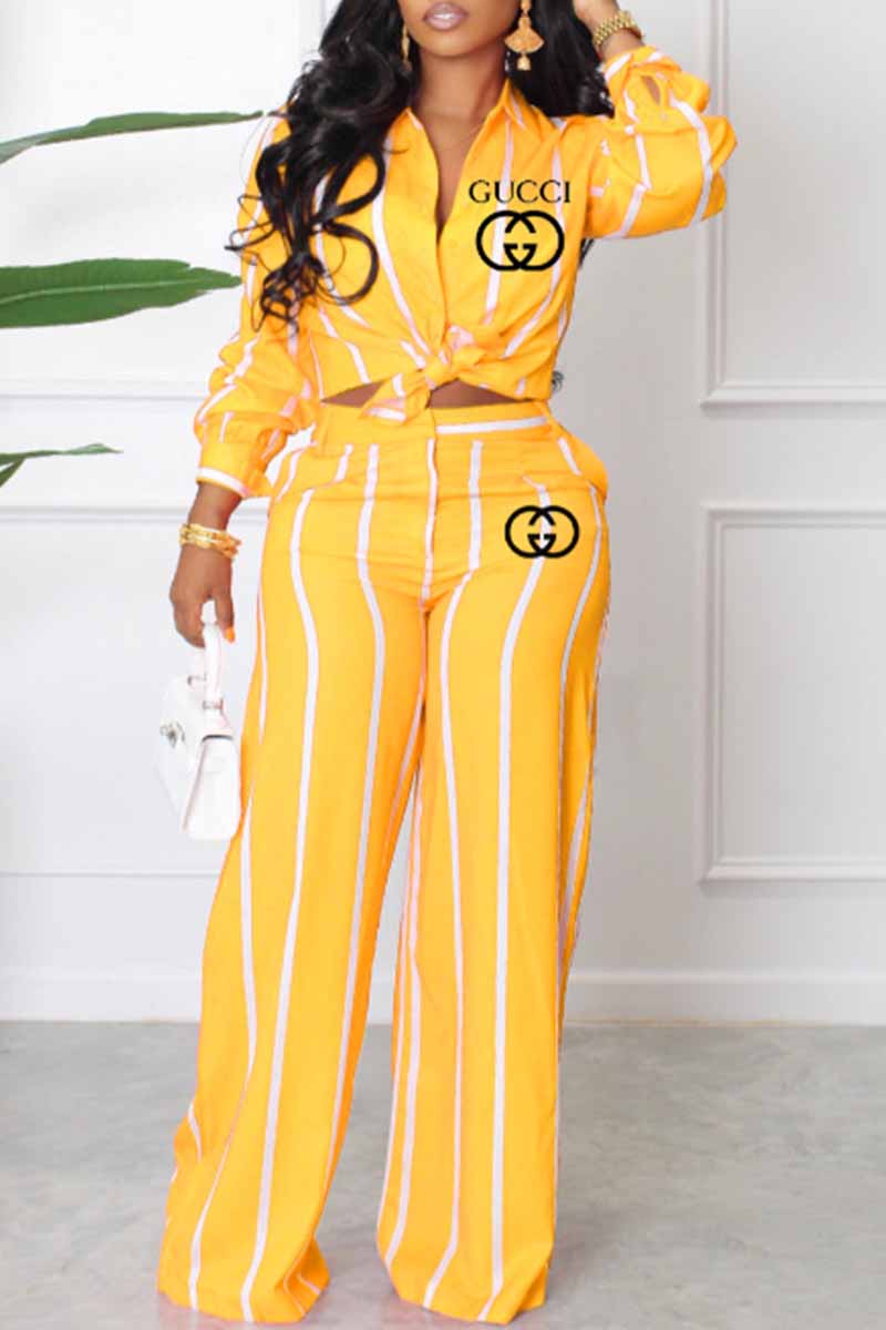 

Yellow Casual Striped Print Letter Turndown Collar Long Sleeve Two Pieces