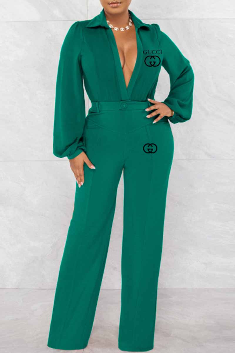 

Green Sexy Print Letter V Neck Jumpsuits