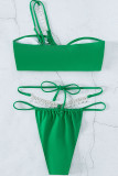 Green Sexy Solid Patchwork Rhinestone Swimwears