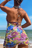 Color Sexy Print Patchwork Draw String Backless Swimwears Cover Up